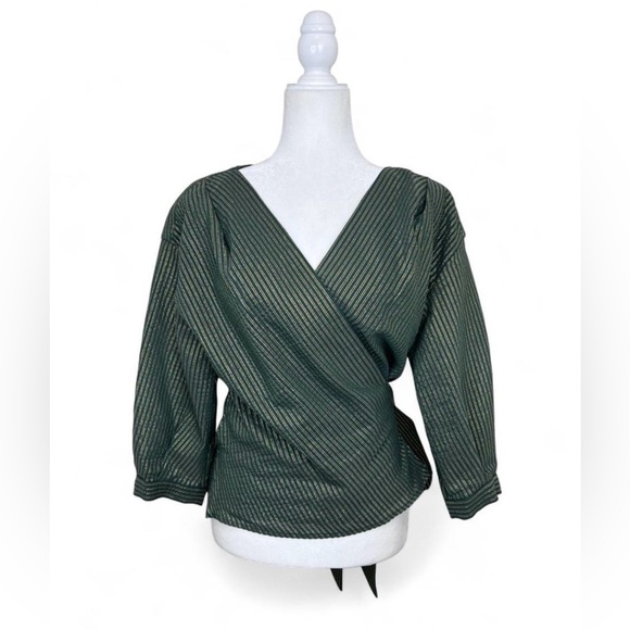 CEFINN Striped Metallic Green sparkly Voile Wrap Top - Picture 2 of 5
